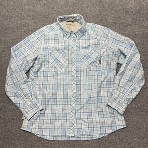 Simms Fishing Cor3 Pearl Snap Western Shirt Women L Vented Performance Plaid Top